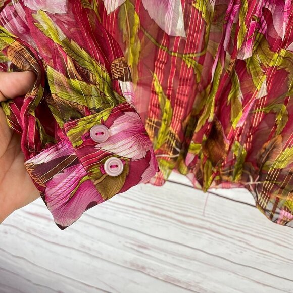 Handmade Sewn Women's Red Foral Print Button Down Long Sleeve Shirt Size M - Picture 4 of 8